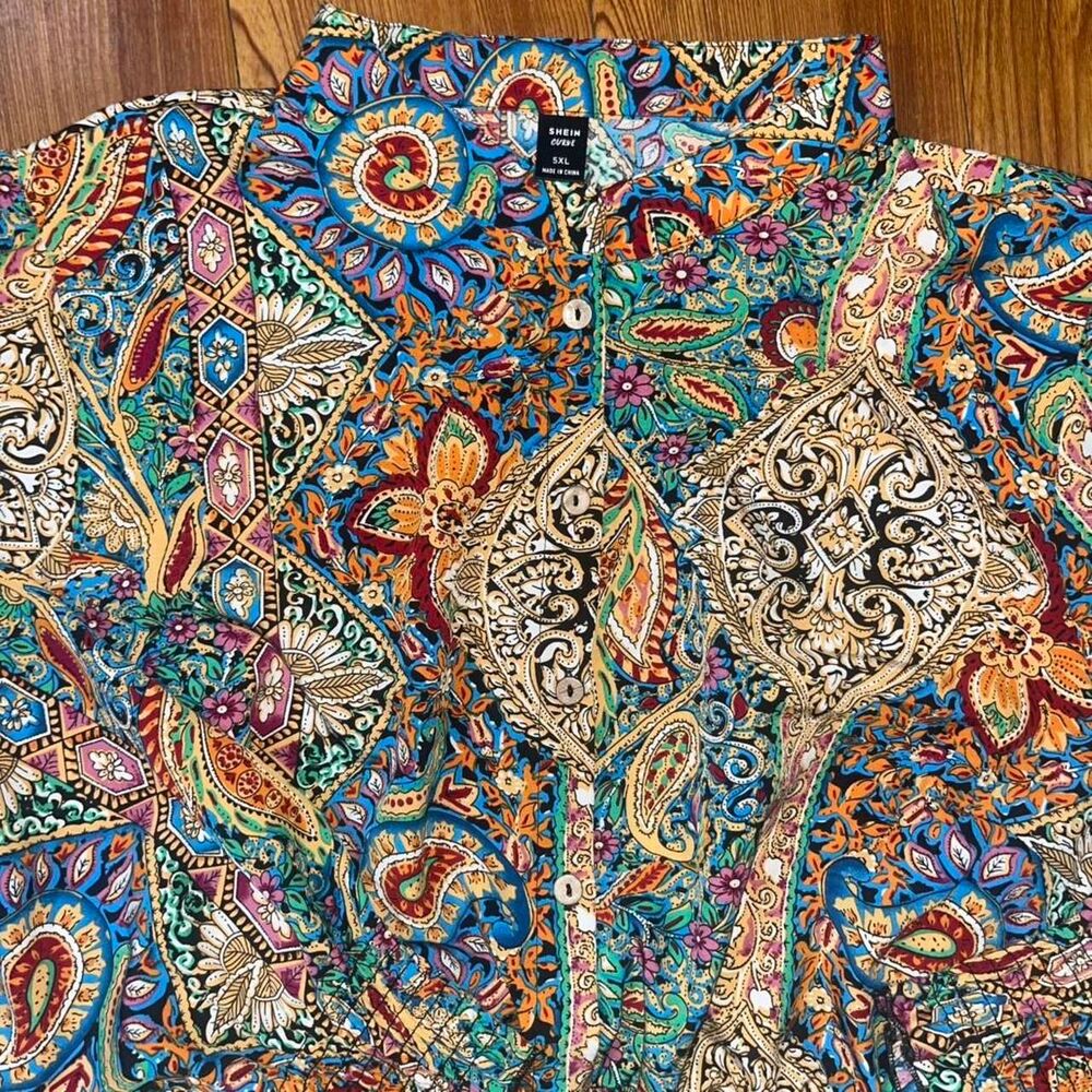Womens' Multicolored Paisley Print Peasant Rusched Cropped Blouse Elegant SZ 5XL - Picture 3 of 4